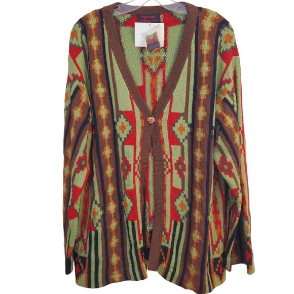 Tabask Sweaters - New Tey-Art ALPACA Sweater Large Cardigan Aztec Southwestern 1 Button Tabask‎